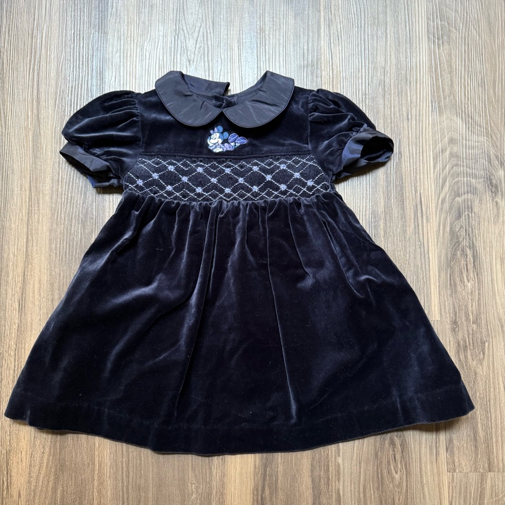 Vintage Disney Store Smocked Velvet Navy Dress with Embroidered Minnie Mouse 24M